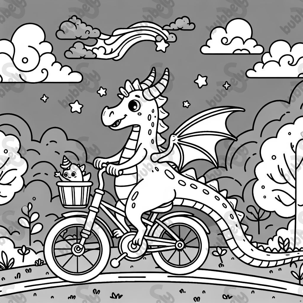 Simple drawing of a dragon riding a bike with a kids seat