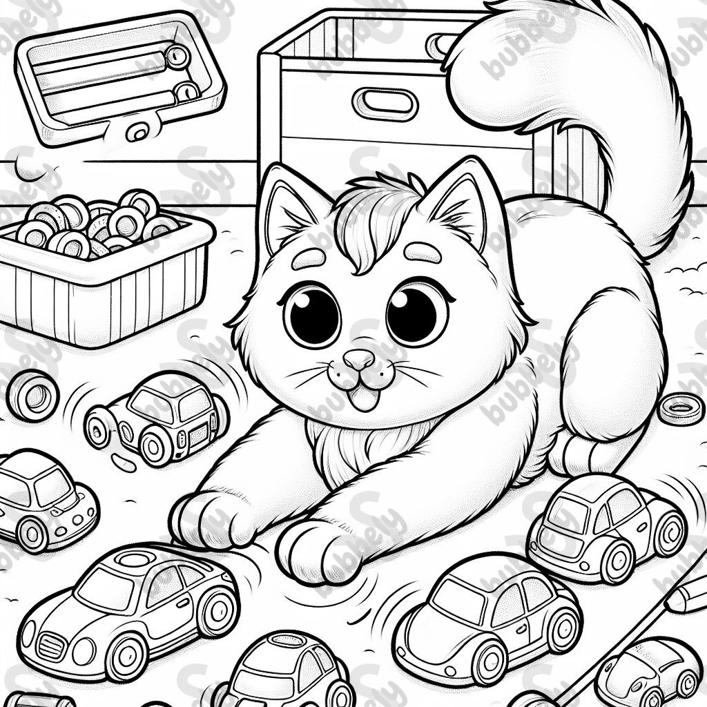 Cat playing with a lot of toy cars