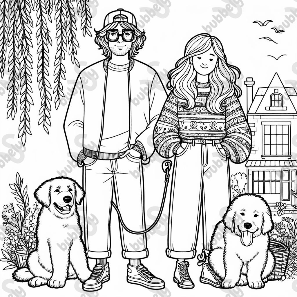 A man with fluffy brown hair, he is wearing a ball cap on his head, and square glasses on his face, he is wearing a long sleeve Ohio State tshirt, and jeans. A woman with long red brown hair in a braid going down the side, she is wearing sunglasses on the top of her head, with a cute sweater and jeans with sandals on her feet. There is a big fluffy golden retriever sitting next to the woman and a puppy cane corso sitting next to the man. They are all outside standing under a weeping willow tree, in front of a cute small house. A man with fluffy brown hair, he is wearing a ball cap on his head, and square glasses on his face, he is wearing a long sleeve Ohio State tshirt, and jeans. A woman with long red brown hair in a braid going down the side, she is wearing sunglasses on the top of her head, with a cute sweater and jeans with sandals on her feet. There is a big fluffy golden retriever sitting next to the woman and a puppy cane corso sitting next to the man. They are all outside standing under a weeping willow tree, in front of a cute small house.