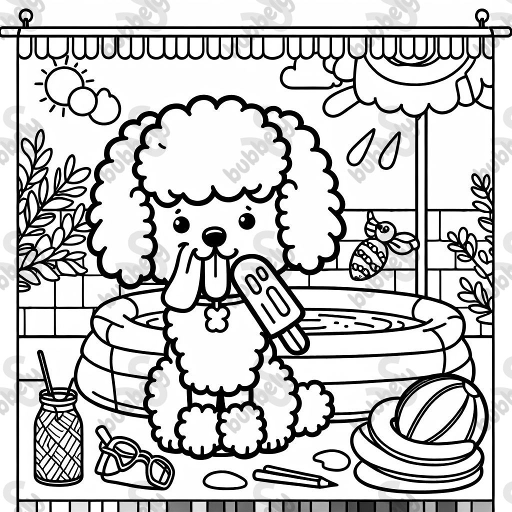 Poodle eating a popsicle at the pool