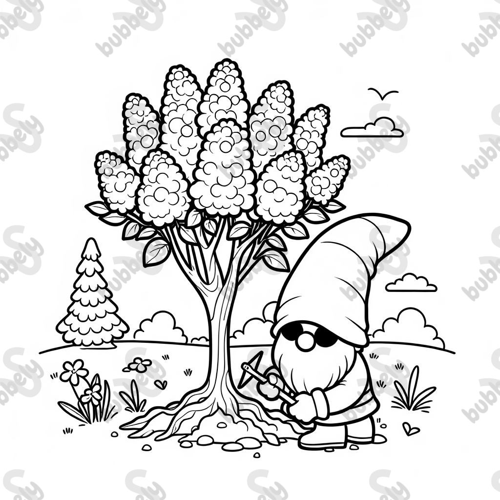 Un gnome avec un visage caché plantant un arbre de lilas.