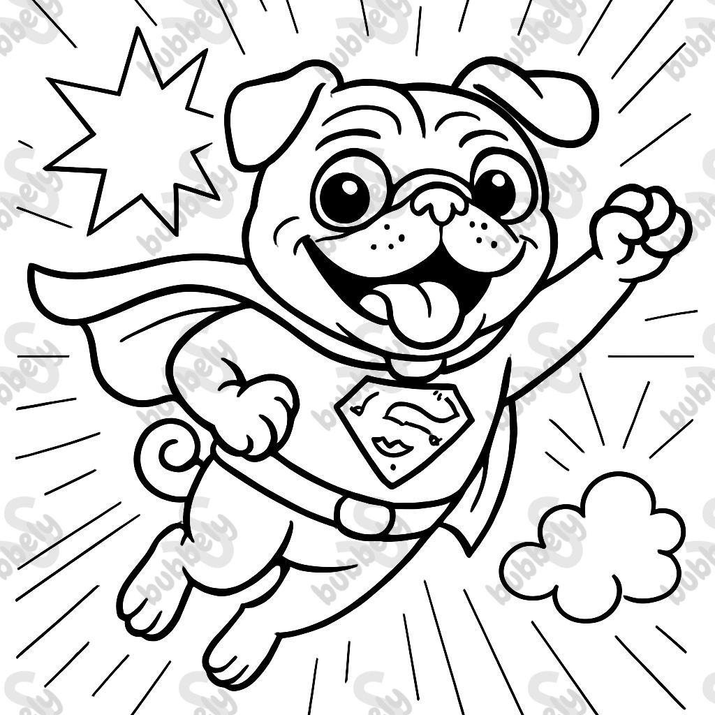 A black pug that is a very happy super hero.