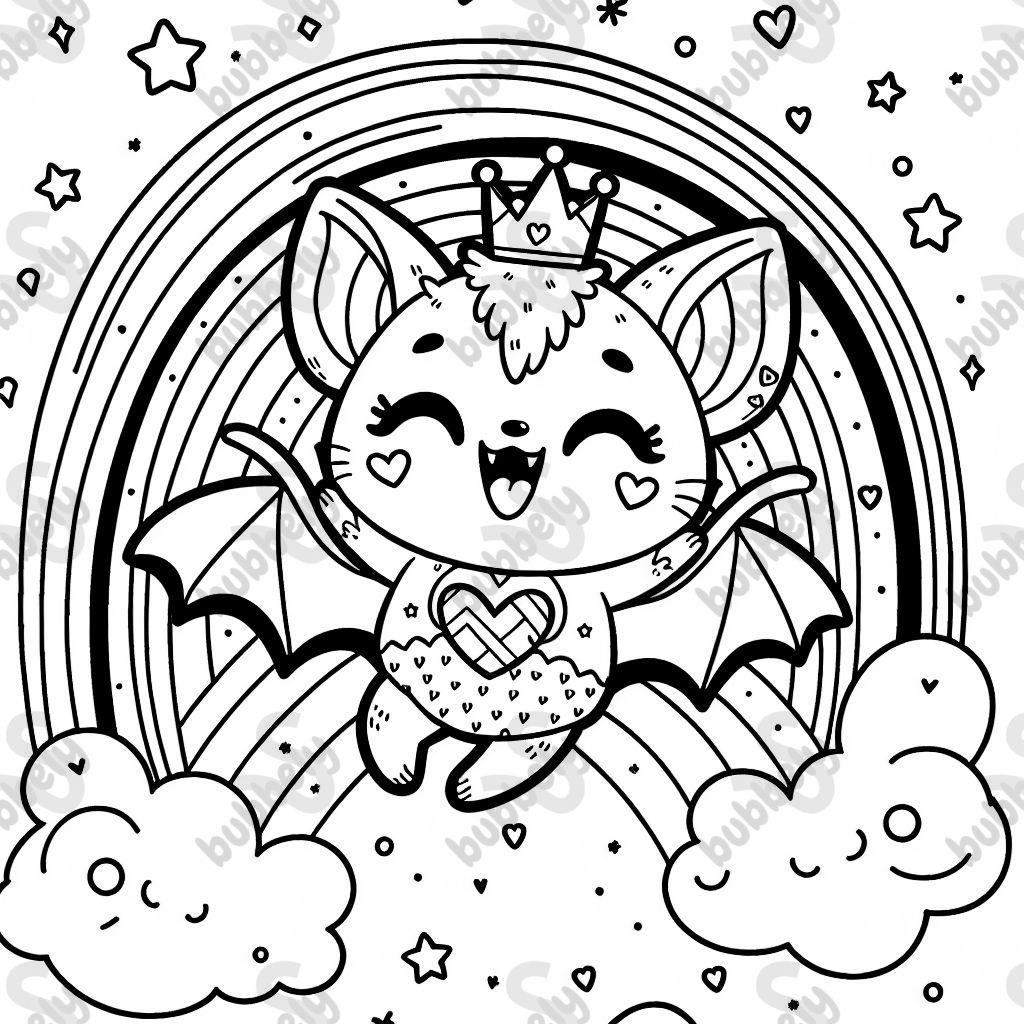 Bat heart clothes and a star crown flying under a rainbow