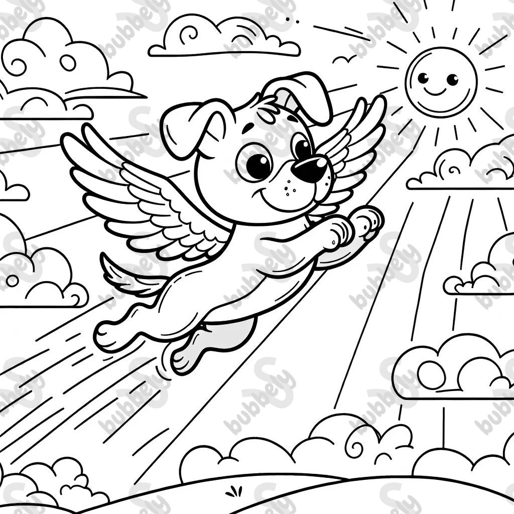 A dog that is flying the dog has wings