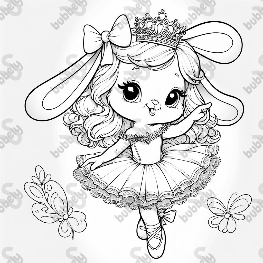 A girl bunny with a crown, bow and ballerina dress with heel princess shoes
