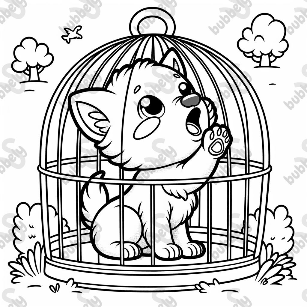Baby wolf howling in a cage