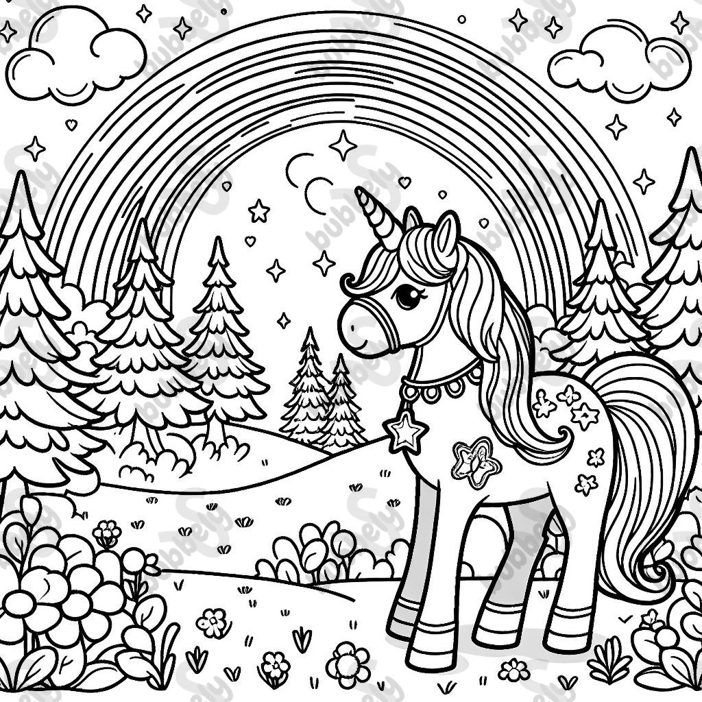 Horse looking at a rainbow on a meadow close to the forest. Horse has a necklace and accessories with stars on