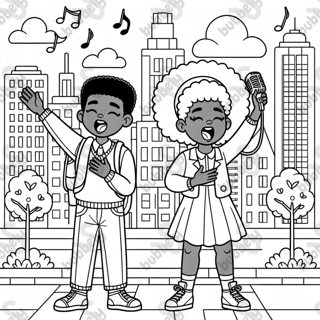 African American kids singing the Negro national anthem. The background should be in the city, and the kids should have modern hairstyles and clothing. African American kids singing the Negro national anthem. The background should be in the city, and the kids should have modern hairstyles and clothing.