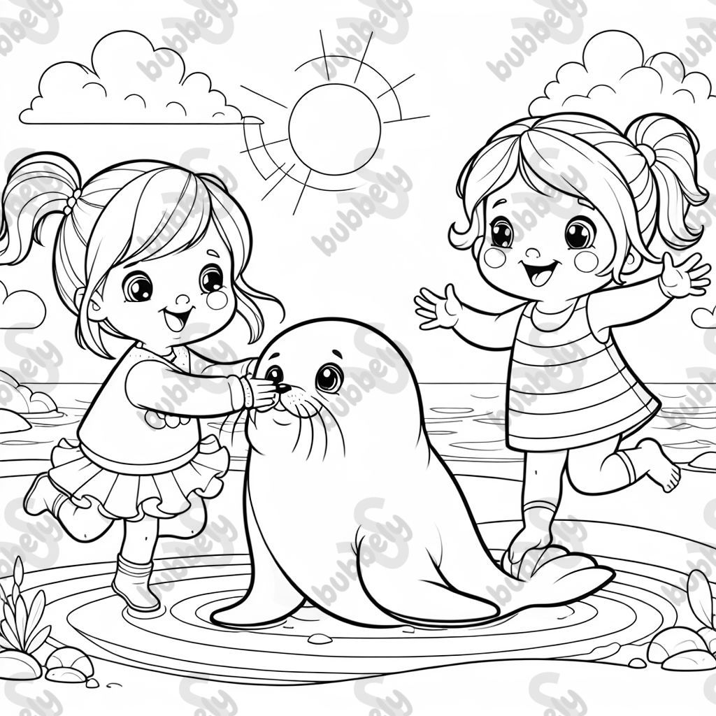 Ein 3 jähriges blondes mädchen und ein 8 jähriges blondes mädchen mit robbe am Strand 