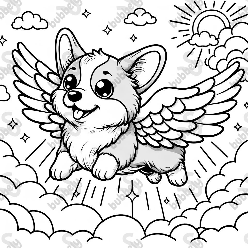 cute corgi dog with wings flying high in the sky