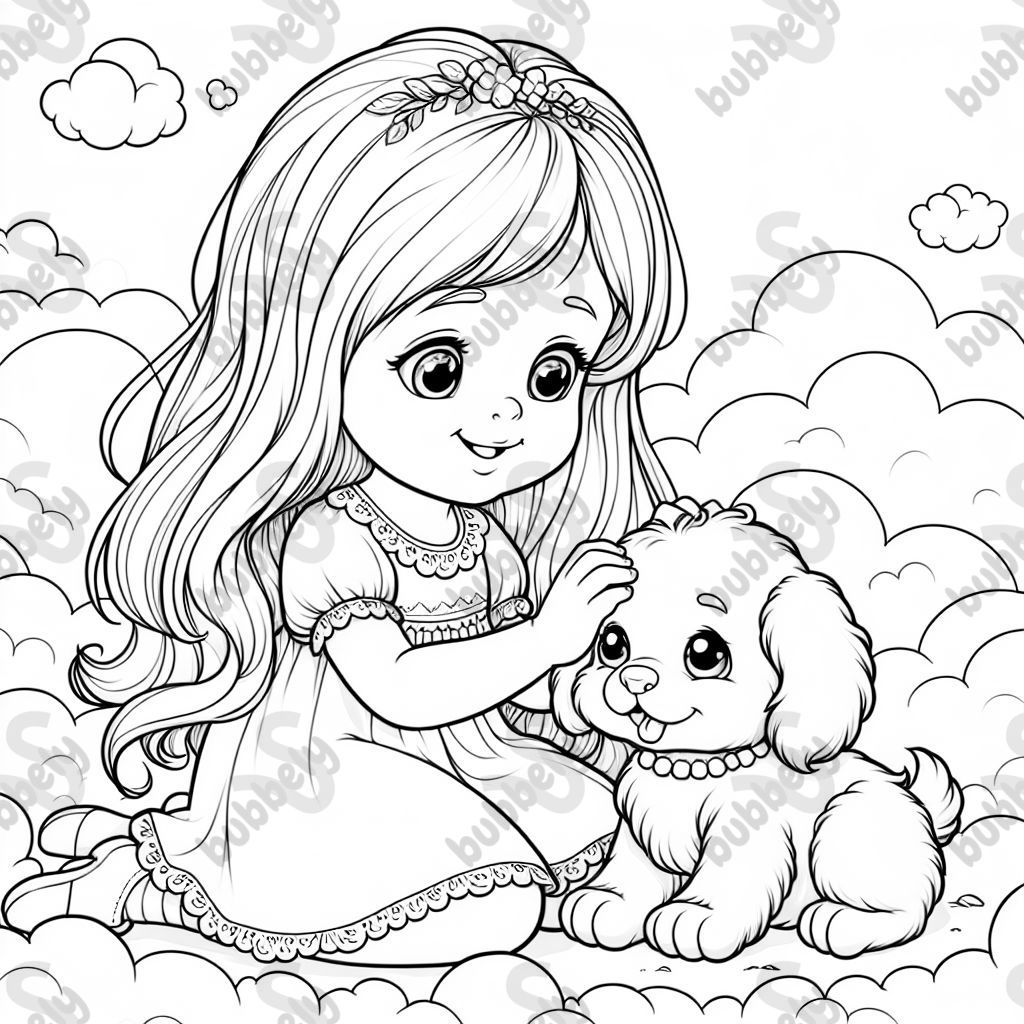 cute girl with long hair peting a puppy in the clouds