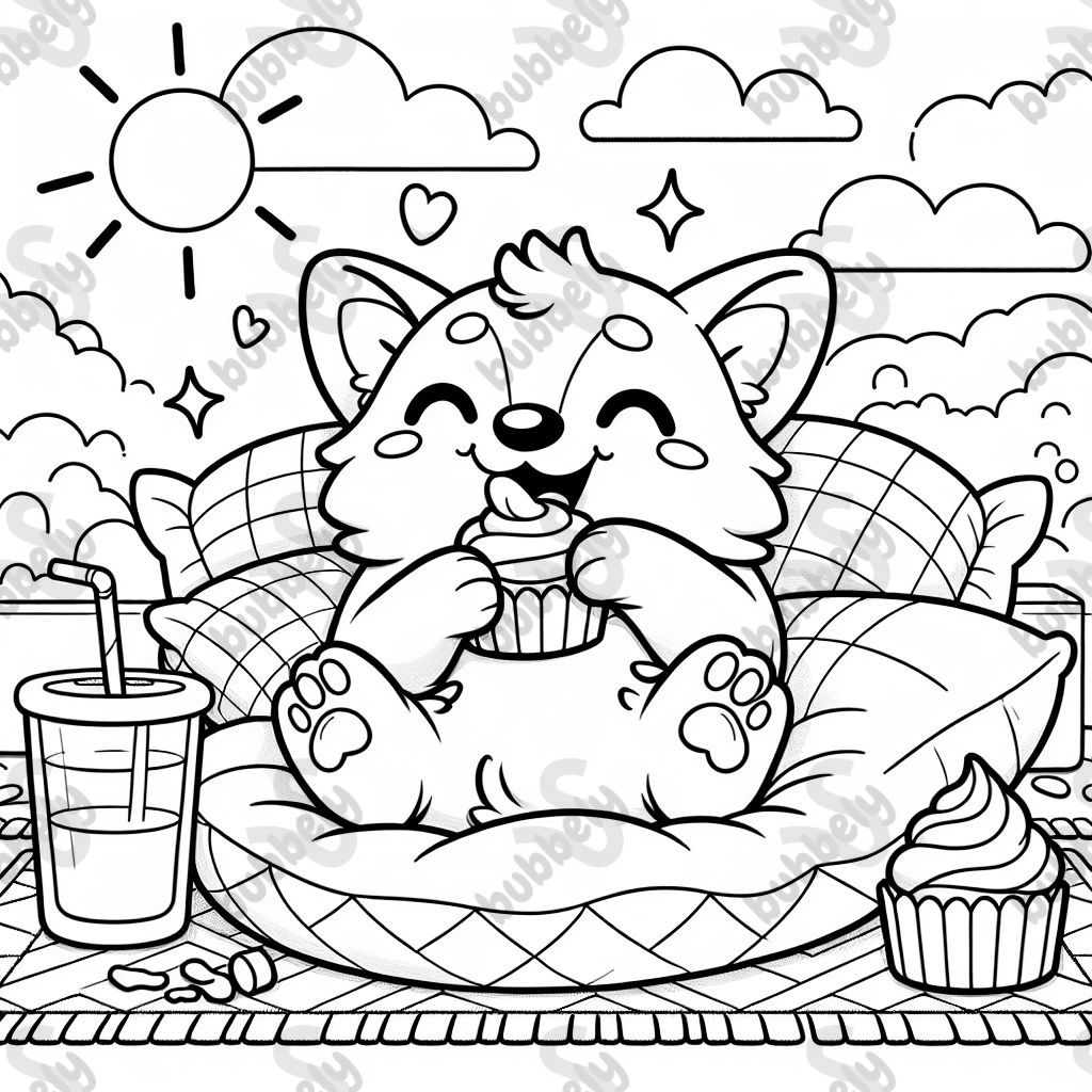 corgi dog eating cupcake on a pillow