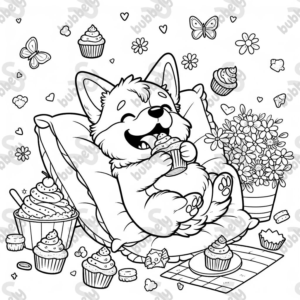 corgi dog eating cupcakes sitting on a pillow 