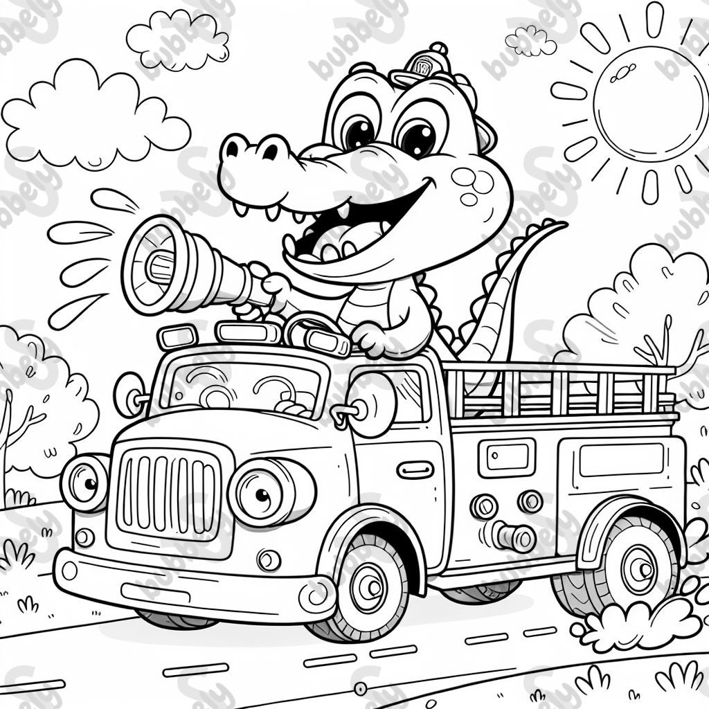 a crocodile driving a fire truck