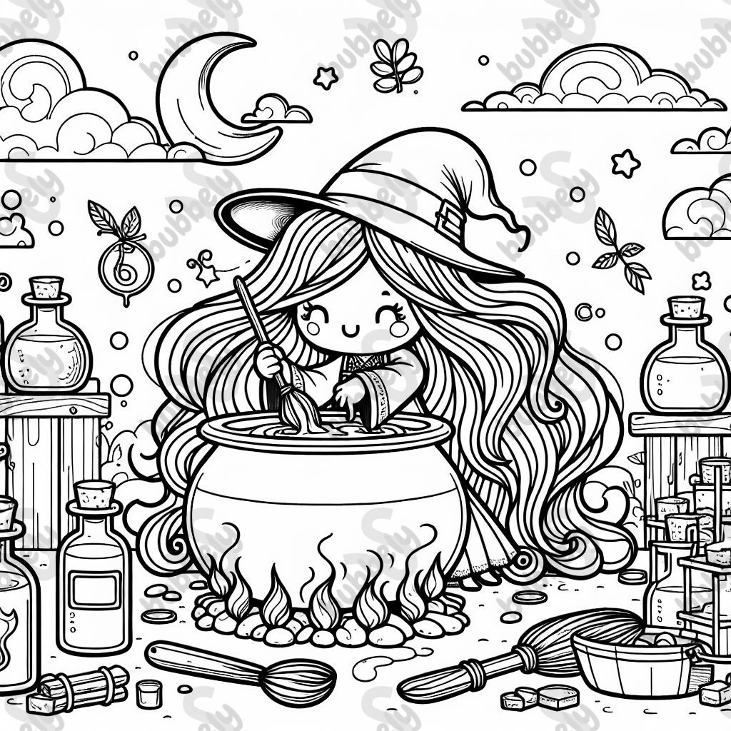 A long haired witch, in front of a cauldron, surrounded by potions and magic