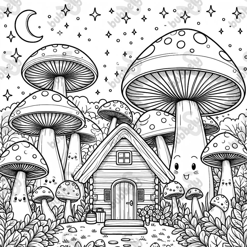 A cabin in a magic mushroom forest.