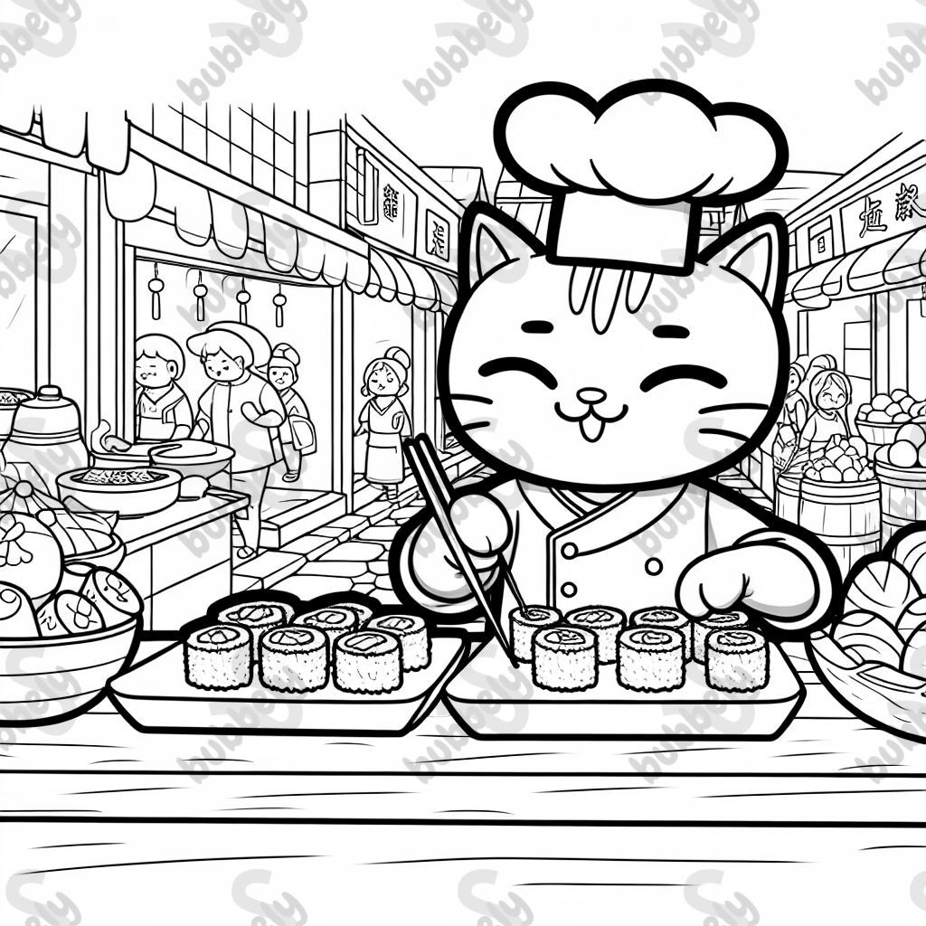 Chinese sushi street market with cat as chef