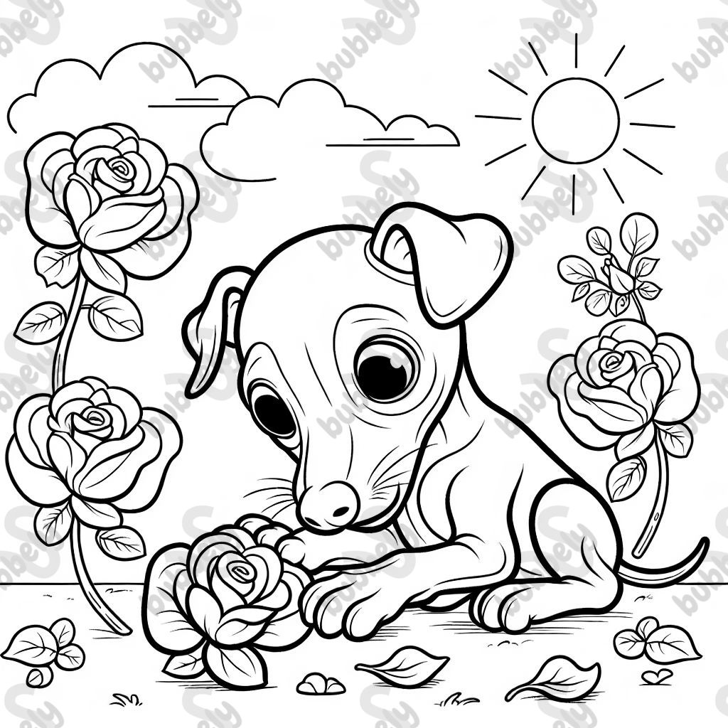 Italian greyhound puppy smelling roses