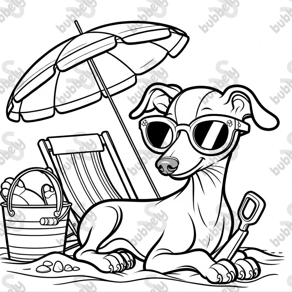 Italian greyhound puppy lounging on the beach with sunglasses