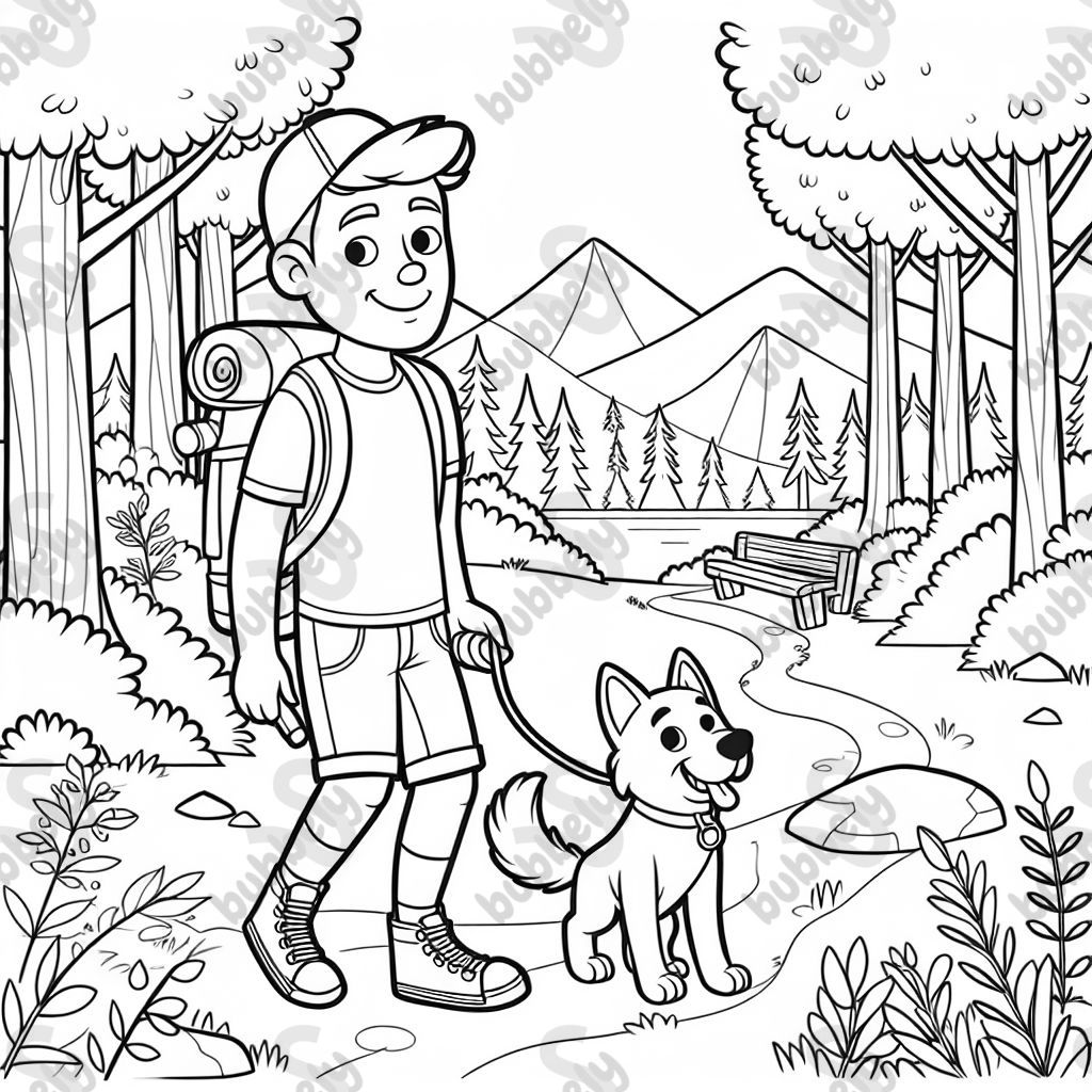 Tall skinny guy with his dog on a trail in the woods