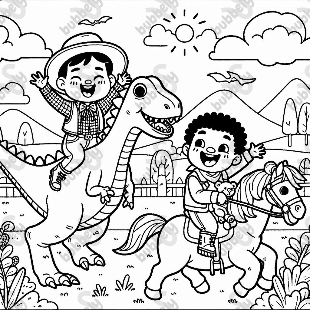 ein Kind, das auf einem Dinosaurier reitet und ein zweites Kind, das auf einem Pferd reitet mit einem Teddybären in der Hand.