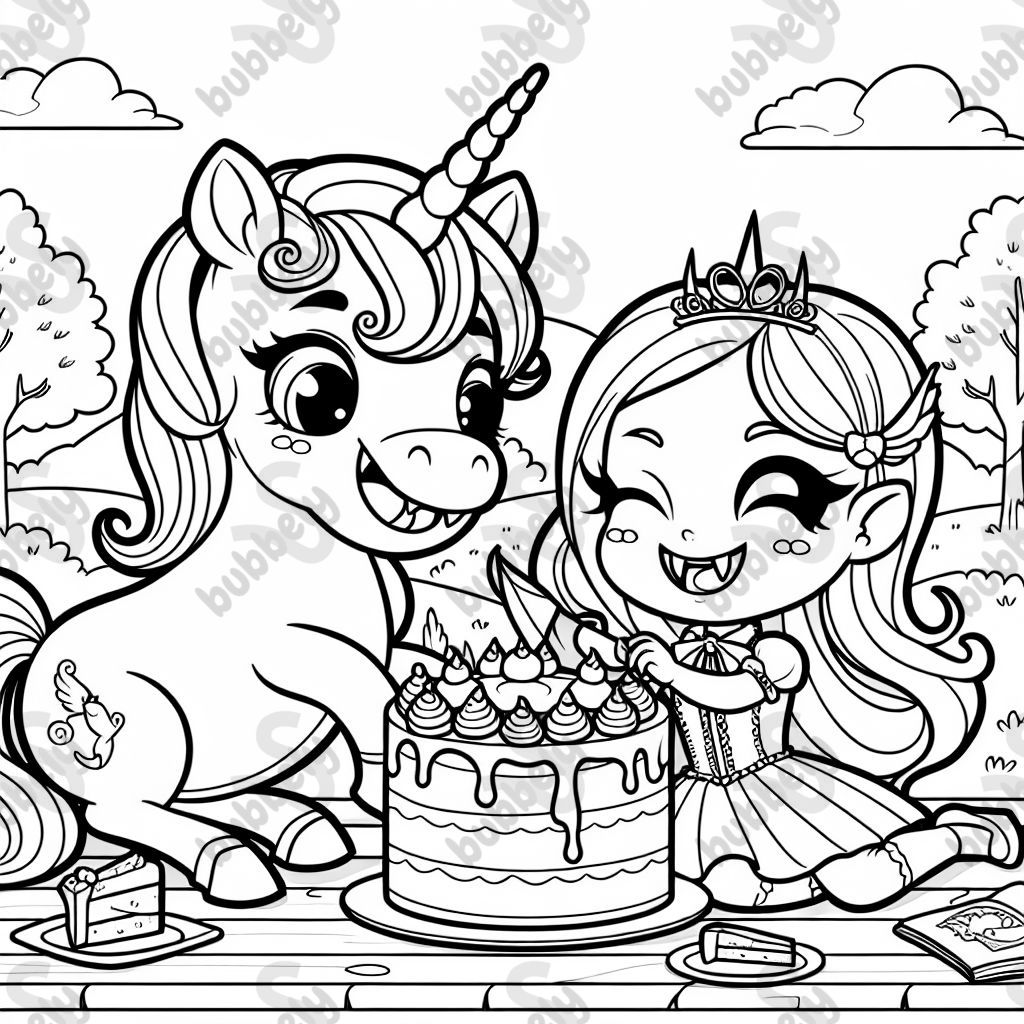 Friendly unicorn and girl vampire having cake