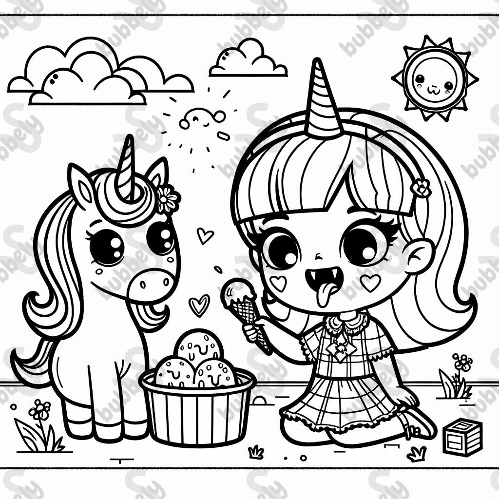 Girl vampire and unicorn eating ice cream