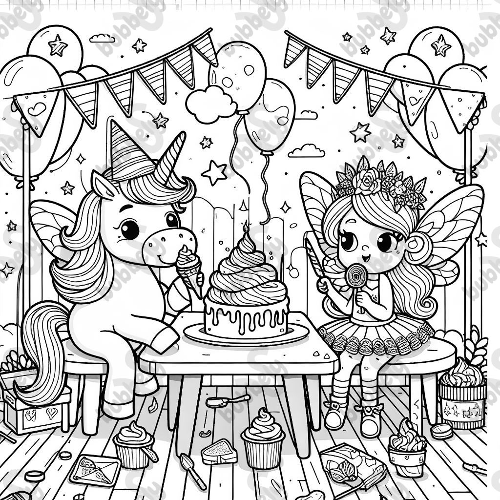 A unicorn and fairy eating ice cream at a birthday party
