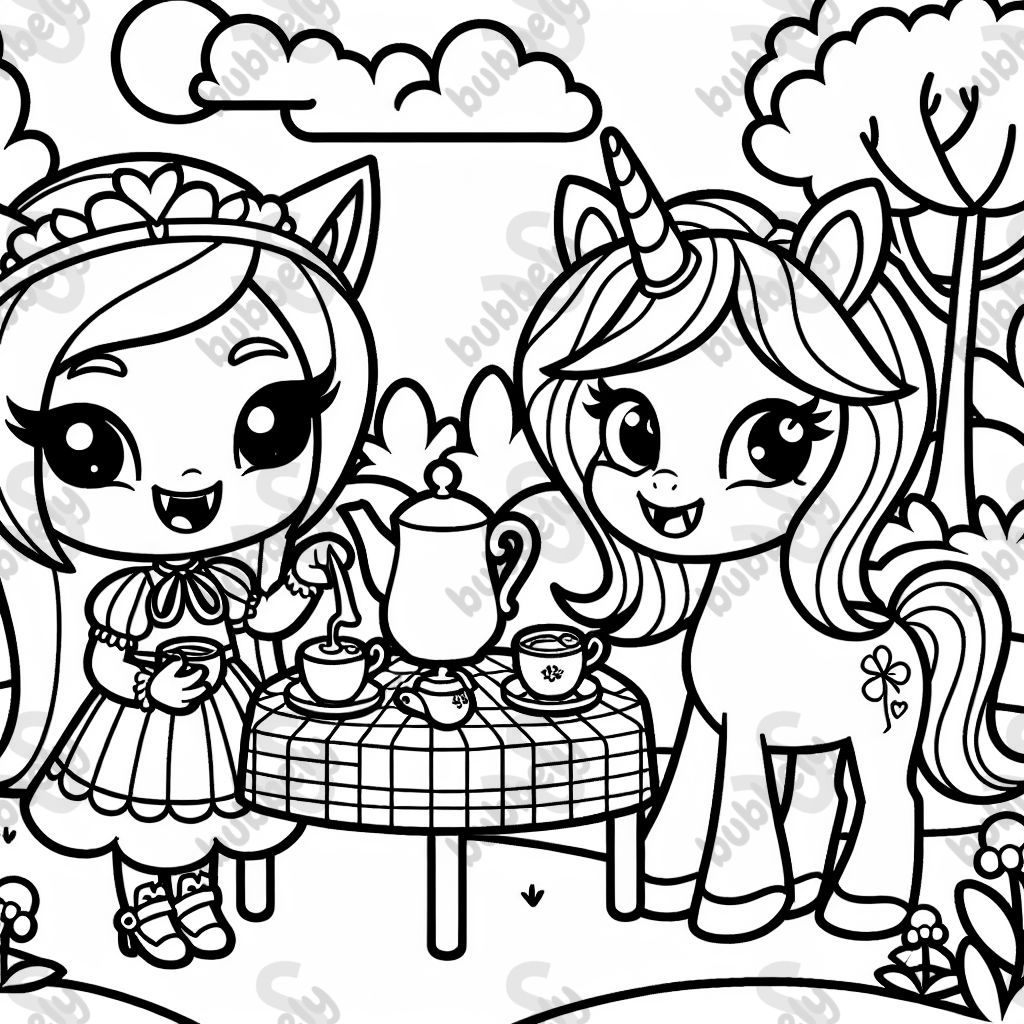 Friendly girl vampire and unicorn having a tea party