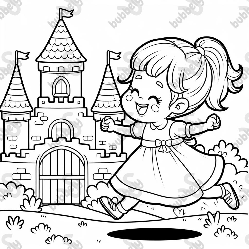 A girl with a ponytail wearing a dress jumping next to a castle. A girl with a ponytail wearing a dress jumping next to a castle.