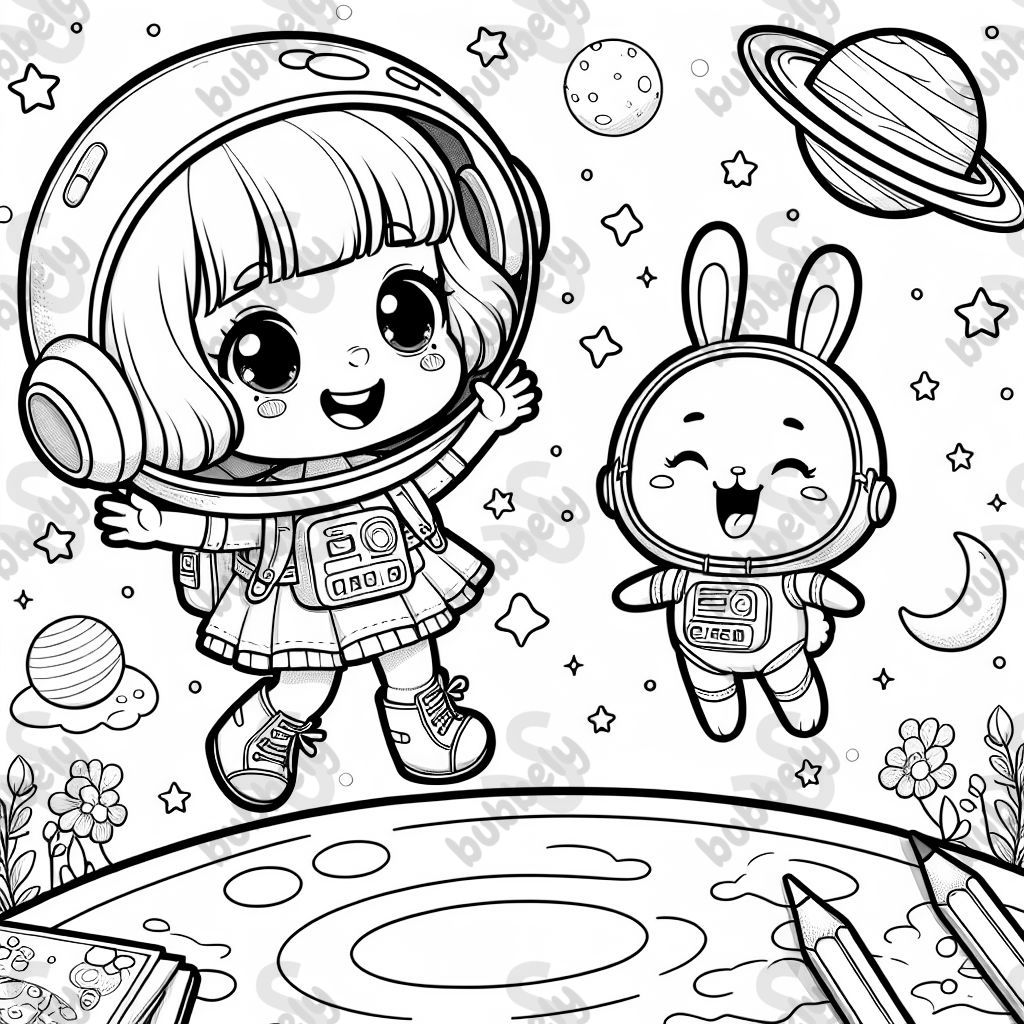 Little girl with short hair and bangs as astronaut in space with bunny astronaut