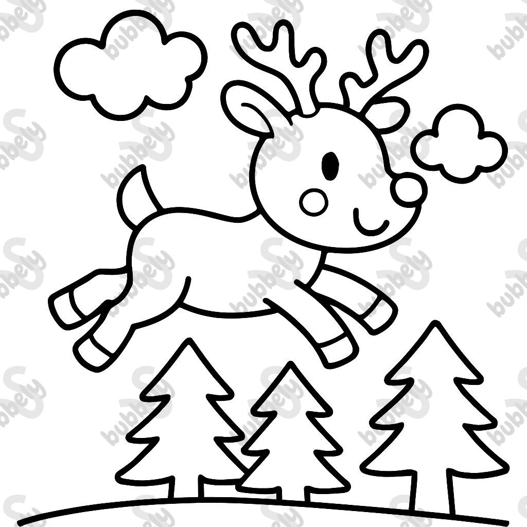 Rudolph flying in the sky above a forest