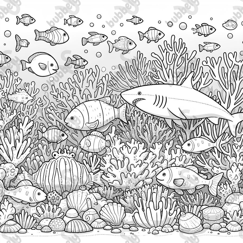 coral reef with fish and sharks