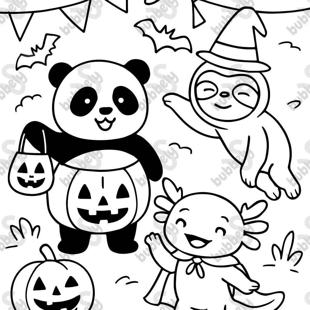 PANDA, BRONTOSAURE, AXOLOTL FÊTE D'HALLOWEEN