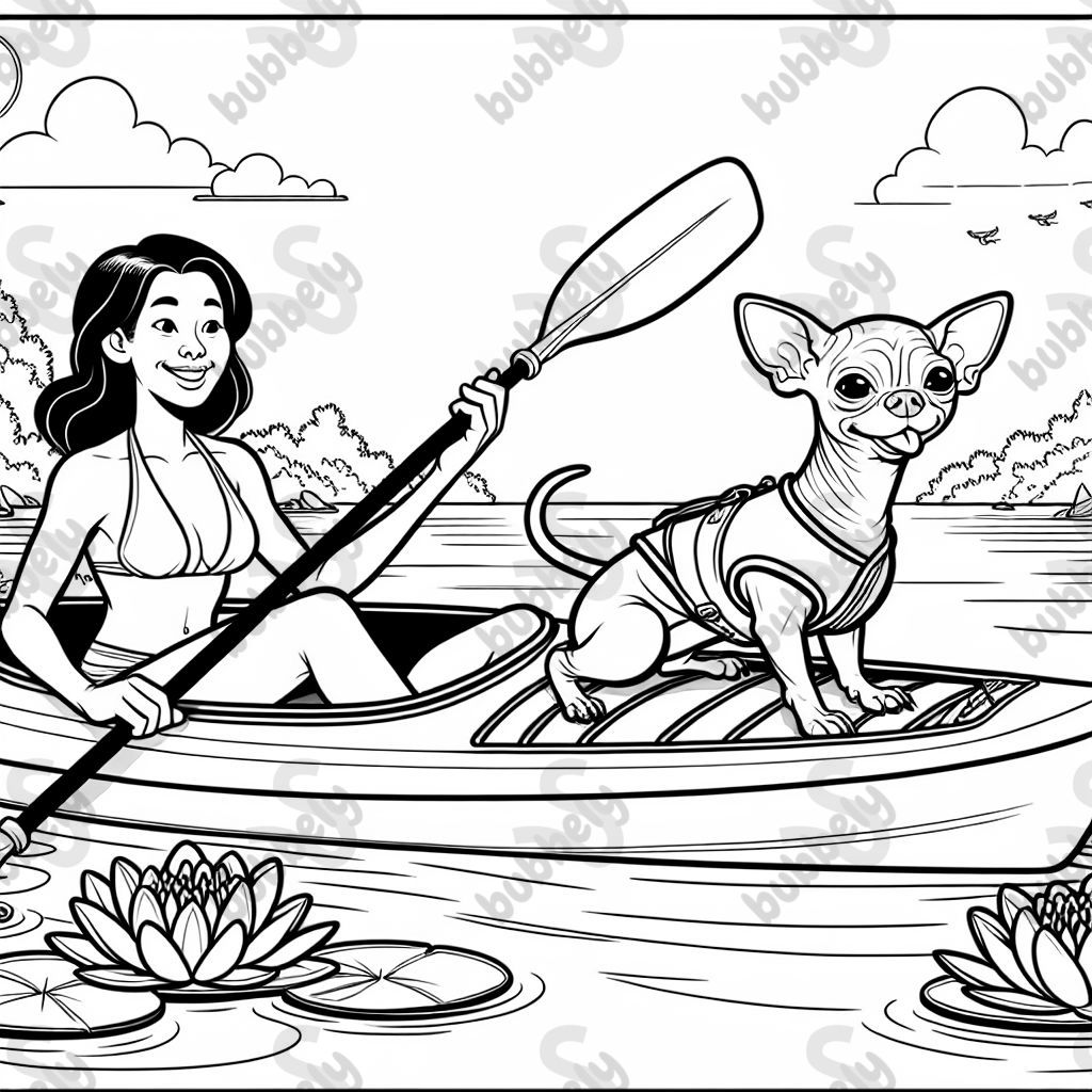 hairless chihuaha and woman on a kayak