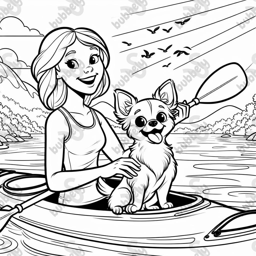 short haired chihuahua and woman on a kayak