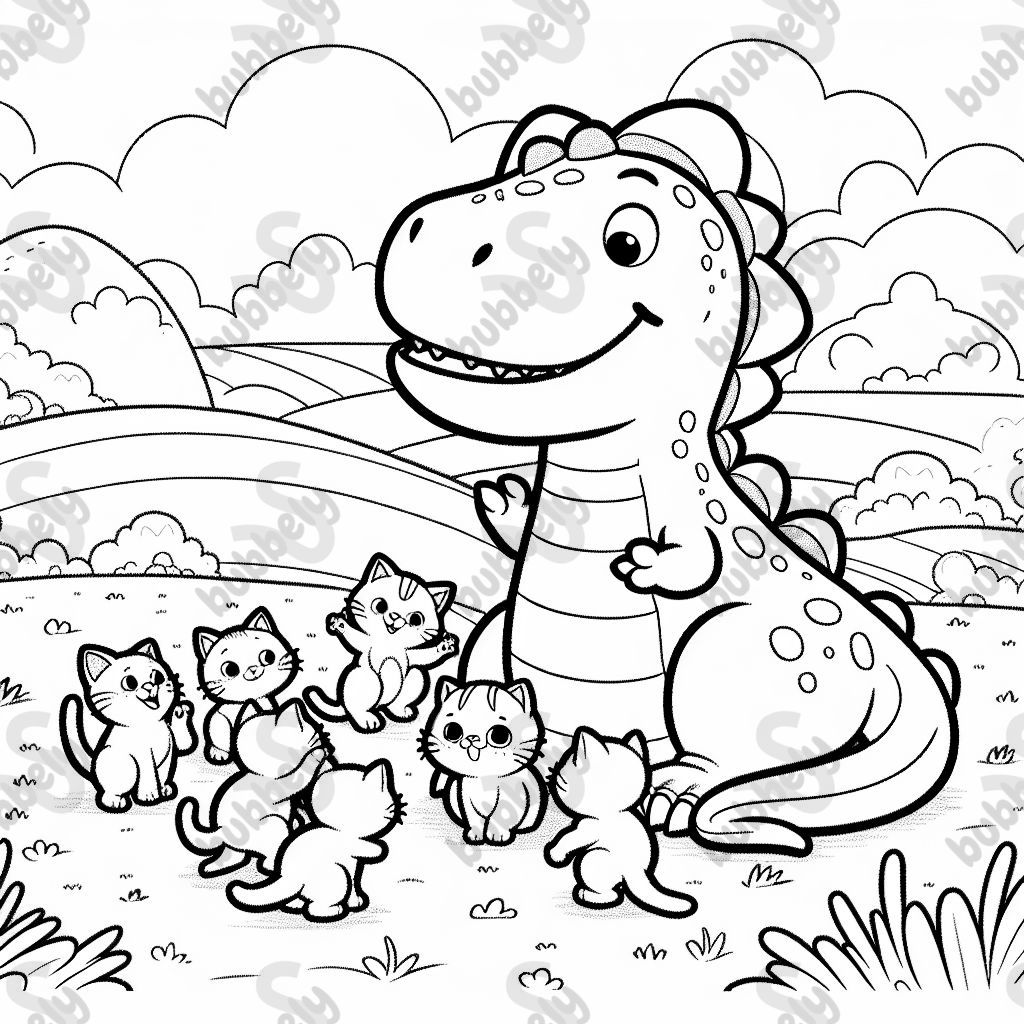 Dinosaur playing with kittens