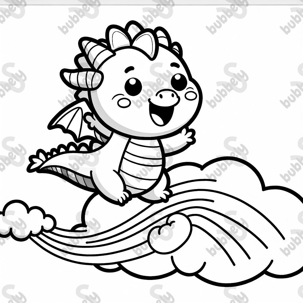 a happy rainbow dragon dancing on a cloud