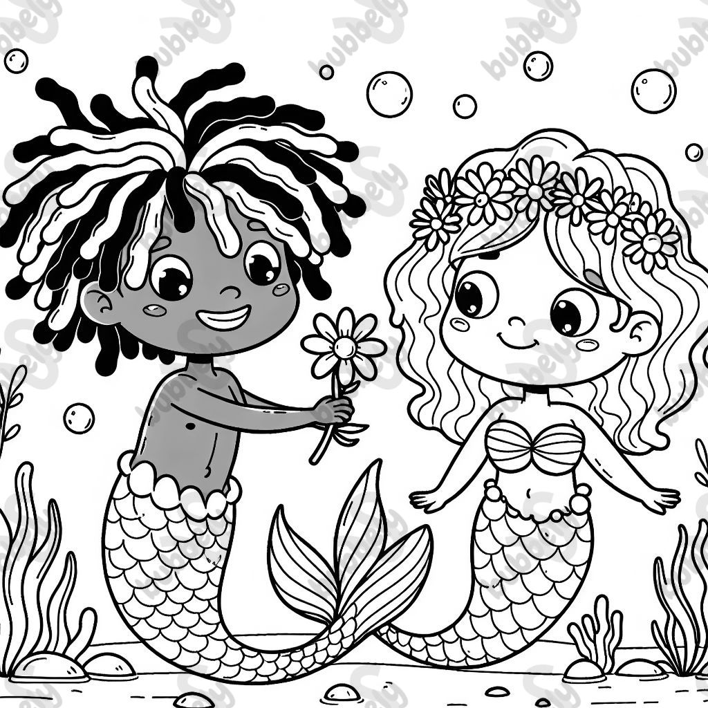 A boy mermaid with dreadlocks giving a flower to a girl mermaid with curly hair 