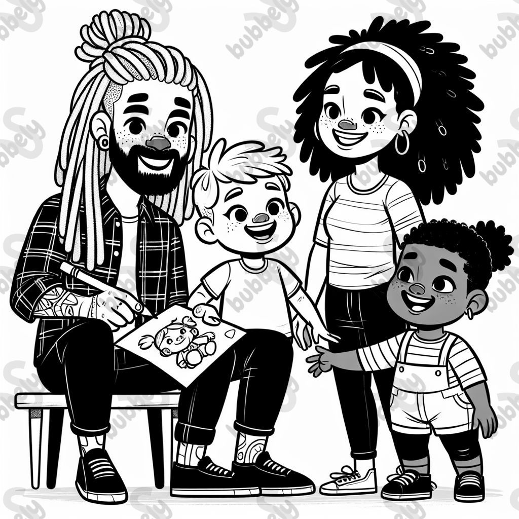 Black dad with dreadlocks with white mom with hair bun with biracial boy toddler and biracial girl kid Black dad with dreadlocks with white mom with hair bun with biracial boy toddler and biracial girl kid