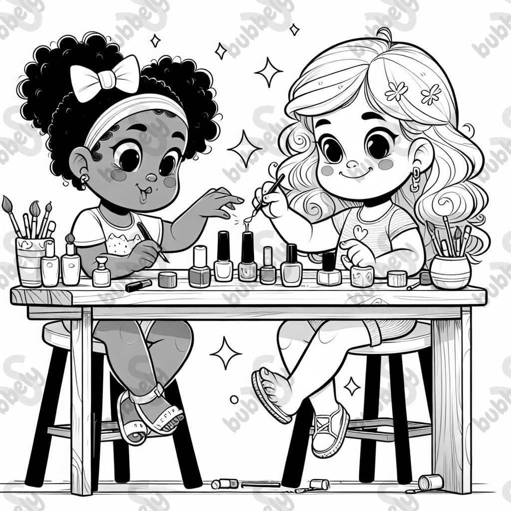 One black girl with curly hair and one white girl with wavy hair painting nails