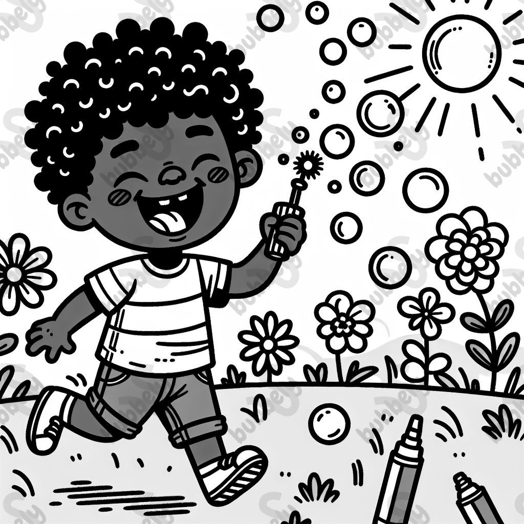 Black boy with curly hair blowing bubbles