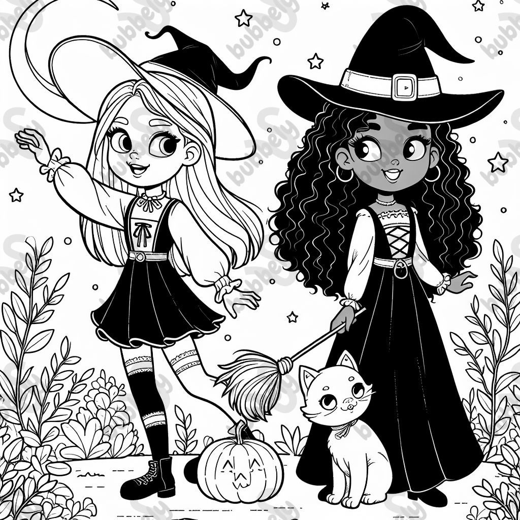Black girl witch with curly hair and white girl witch with black cat