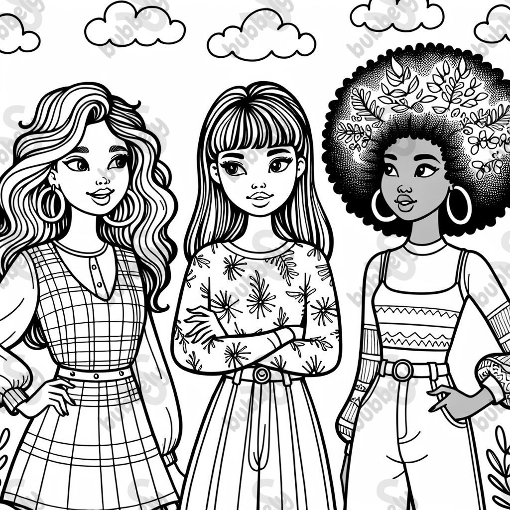 3 fashionista girls with different skin colors and different hairstyles 