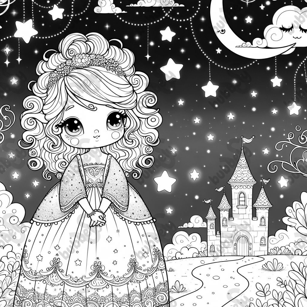 Girl with very curly hair in a sparkly dress with a night sky 
