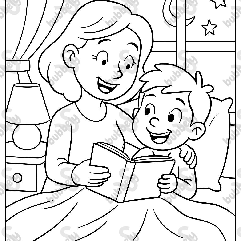 Mom reading boy bedtime story cuddling.