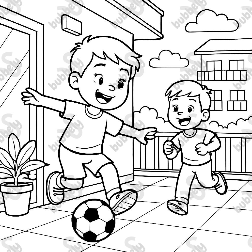 2 boys playing on patio of apartment building