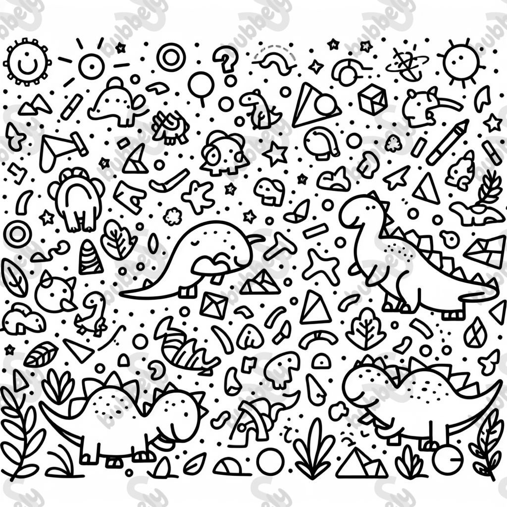 many tiny shapes hidden behind dinosaurs