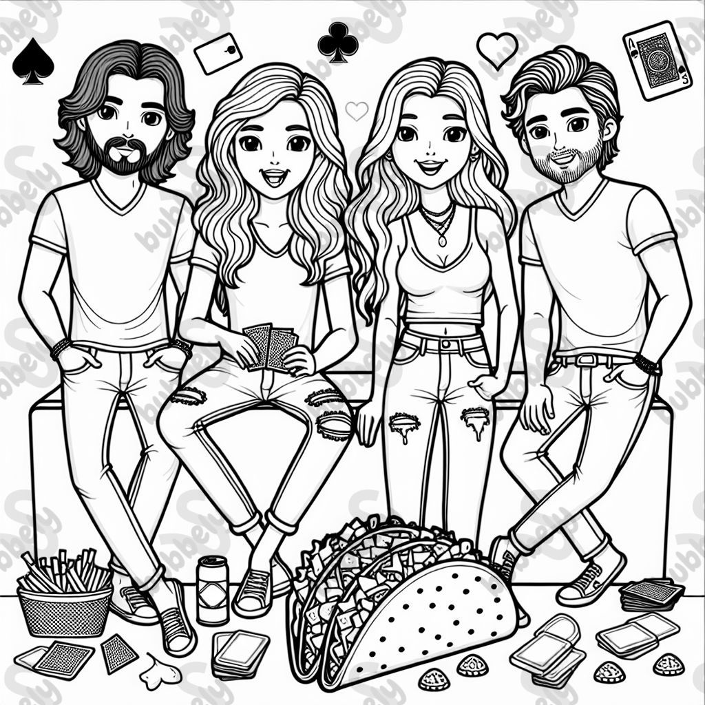 4 friends, 2 with long hair and 2 with short hair, in pants and T-shirts surrounded by tacos and playing cards