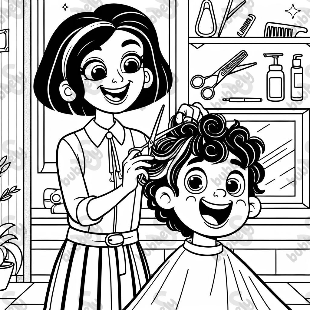 A beautiful brown eyed hairdresser cutting a happy little boy’s curly hair